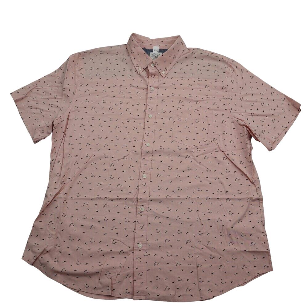 True Craft Shirt Mens XL Pink Bird Print Button Down Short Sleeve